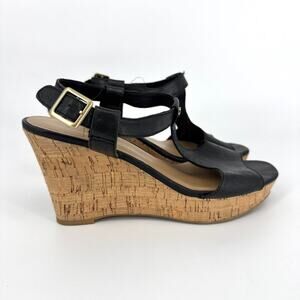 Franco Sarto Corridor Leather T-Strap Cork Wedge Sandals Black Size 7.5